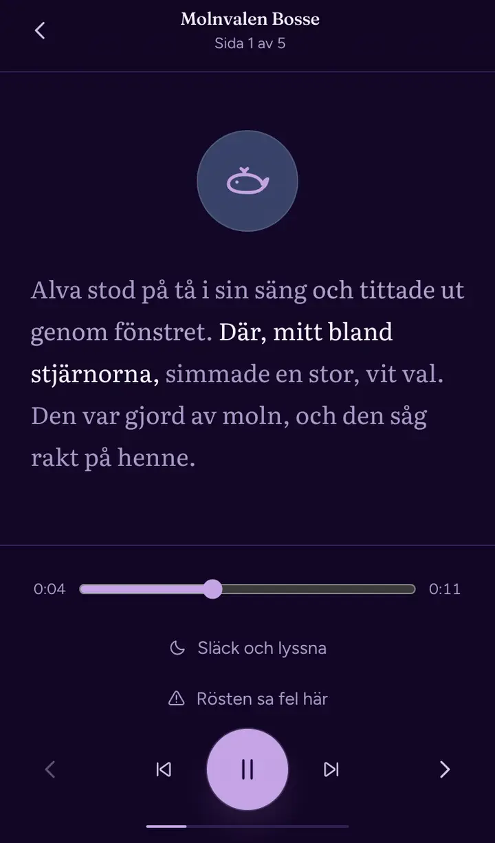 Kvällens kapitel i Dreamora, där en fras i taget lyser medan berättaren läser.